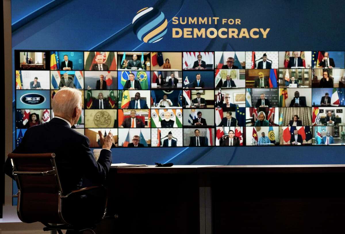 President Joe Biden delivers opening remarks during the virtual Summit for Democracy at the White House on Thursday.