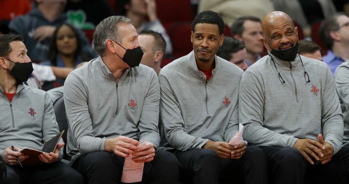 Houston Rockets head coach Stephen Silas, center, seen on the bench during the fourth quarter of an NBA game against the Oklahoma City Thunder at Toyota Center on Monday, Nov. 29, 2021, in Houston. The Rockets won 102-89.