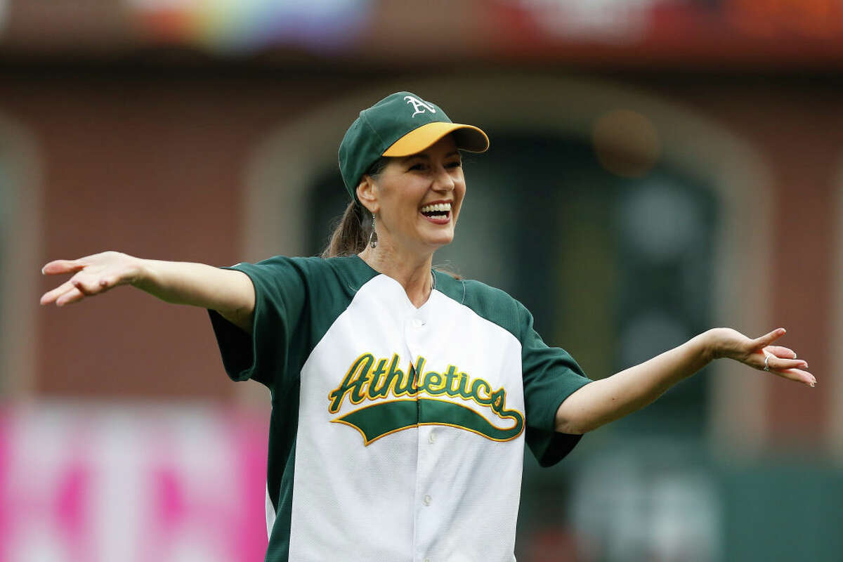 Mayor of Oakland Libby Schaaf reacts after throwing out the ceremonial first pitch before the game between the San Francisco Giants and the Oakland Athletics at Oracle Park on June 25, 2021 in San Francisco, California.