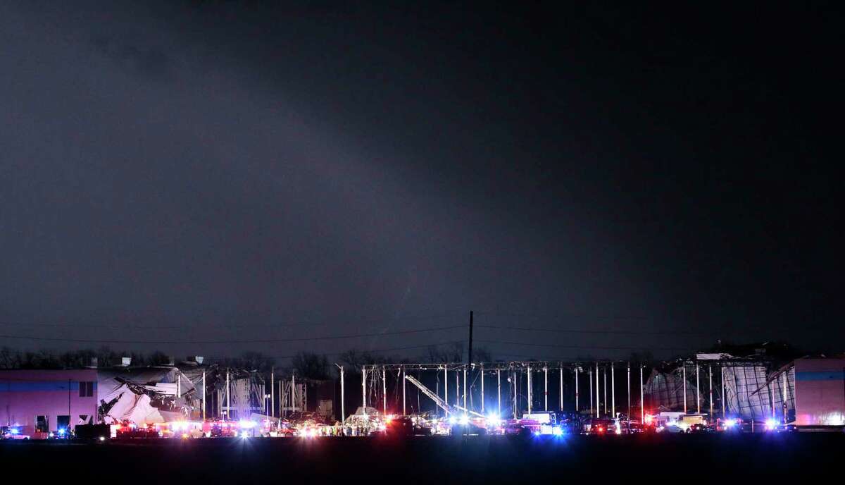 The Amazon distribution center is partially collapsed after being hit by heavy winds on Friday, Dec. 10, 2021 in Edwardsville, IIl. (Robert Cohen/St. Louis Post-Dispatch via AP)