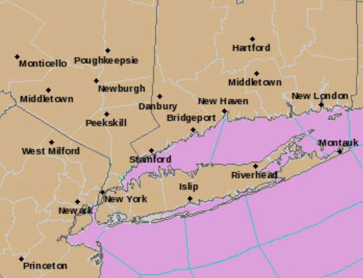 The National Weather Service issued a wind advisory for the region starting as early as 1 p.m. for northern Connecticut and 3 p.m. in southern Connecticut. The areas in tan indicate a wind advisory, while the areas in pink are a gale warning.