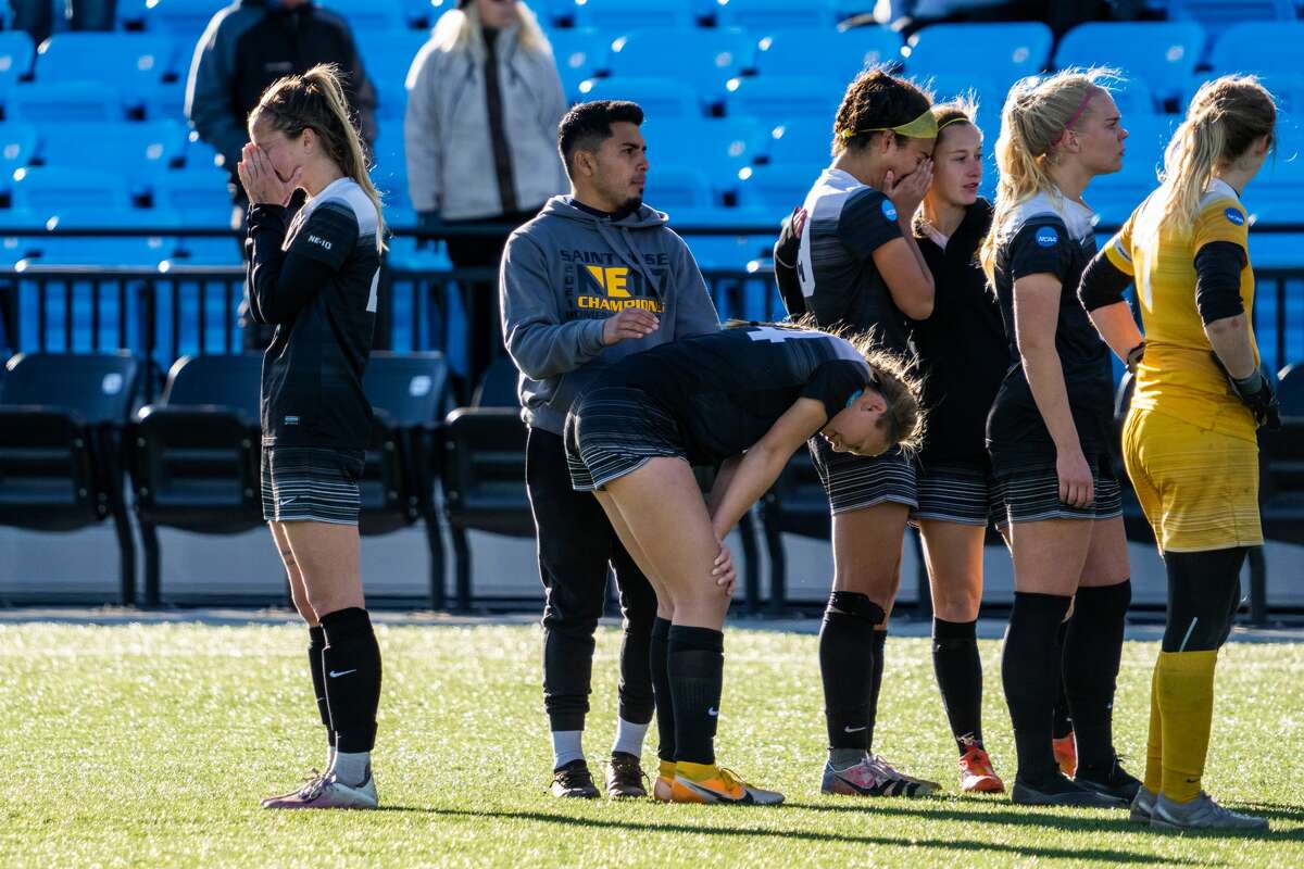 Saint Rose players are dejected after losing to Grand Valley State University in the Division II NCAA Tournament championship game on Saturday.