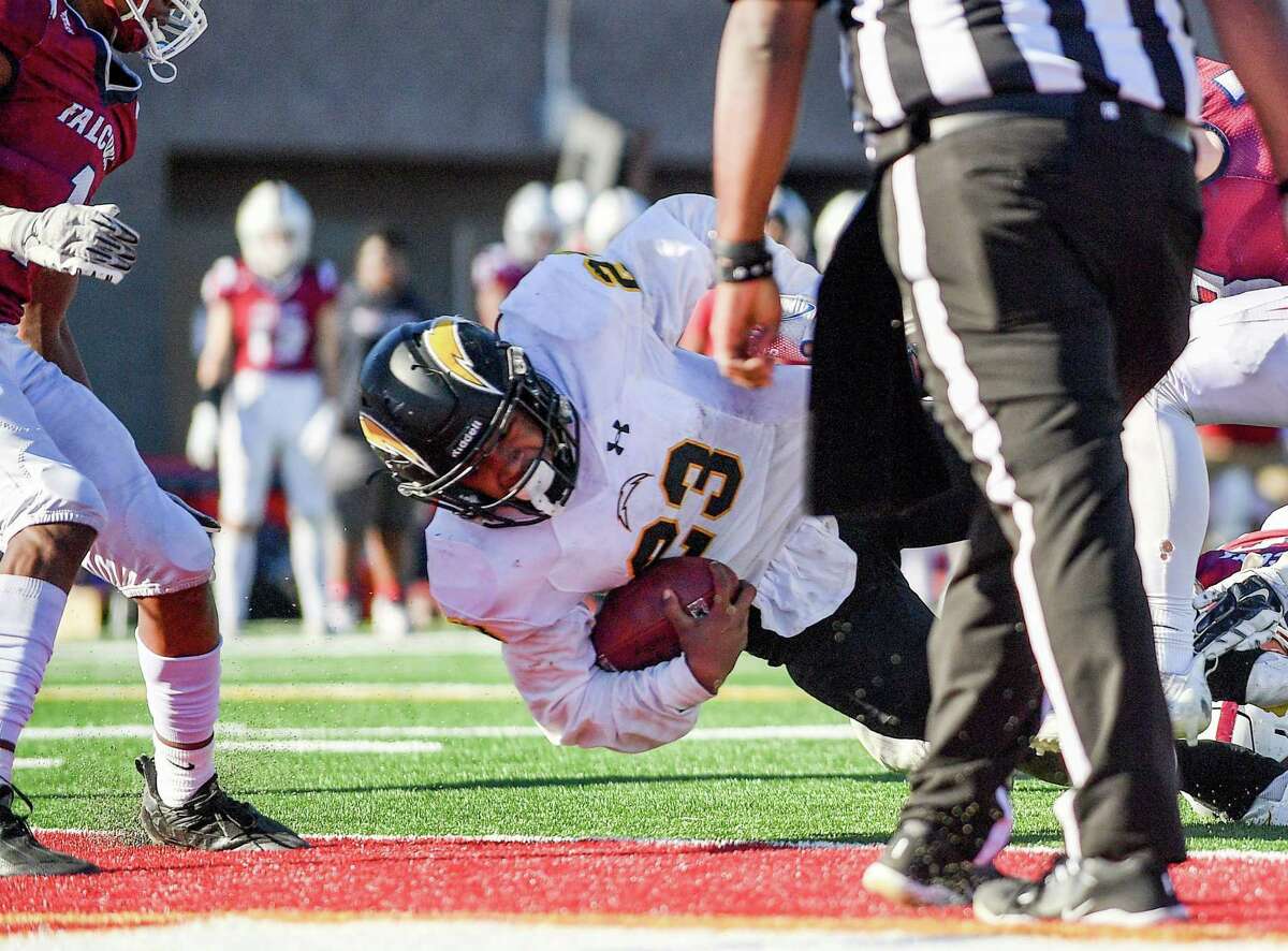Wilcox's Luther Glenn falls into the end zone for a touchdown against Scripps Ranch in the CIF State 2-A Championship game on Saturday, Dec. 11, 2021 at Saddleback College in Mission Viejo, Calif.