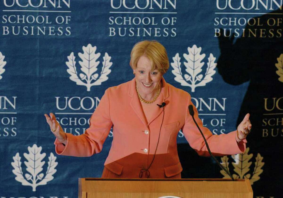 Stamford_040105_ Anne Mulcahy, former Chairman and CEO of Xerox Corporation, Inc., addresses the audience during a luncheon sponsored by The Theodore R. Roseberg '55 and Mary F. McVay Business Leadership Series at UCONN Mulcahy has been mentioned as a possible successor to Larry Summers, President Obama's chief economic advisor. Kathleen O'Rourke/Staff photo