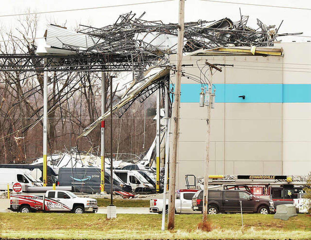 Authorities on Sunday announced the names of the six people killed Friday night when an area about the size of a football field at the Amazon facility in Edwardsville collapsed during a storm. An EF3 tornado cut a path through the building, from west to east. All six victims were released to funeral homes on Sunday.