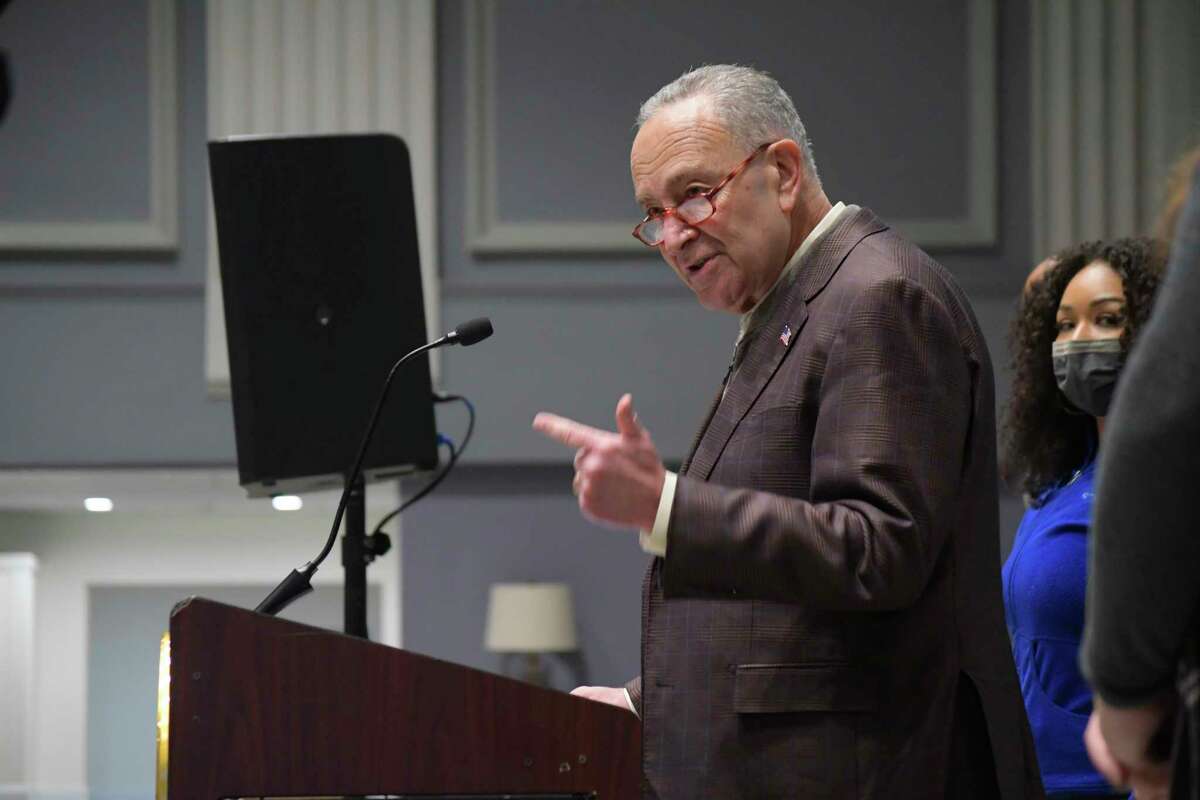 Senate Majority Leader Chuck Schumer speaks at an event at Proctors on Sunday, Dec. 12, 2021, in Schenectady, N.Y. Senator Schumer was finishing his 62 county tour, a yearly event for the senator.