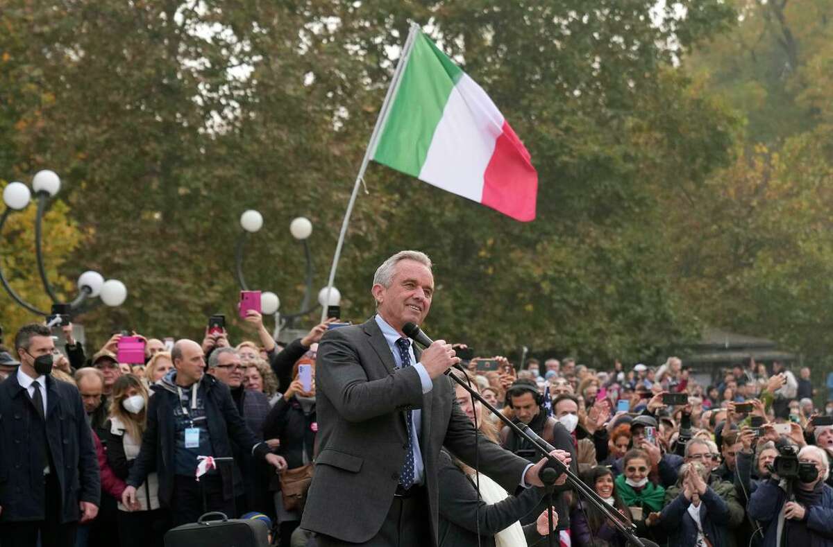 Robert F. Kennedy Jr., son of the slain senator, delivers a speech at a protest against Italy’s COVID-19 vaccination green pass in Milan in November.