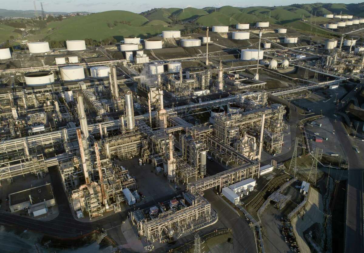 An aerial view showing the newest upgrades that process biofuel instead of crude oil (bottom, center) at the Phillips 66 refinery in Rodeo. Phillips 66 plans to continue transforming its facilities from crude oil processing to biofuel production.