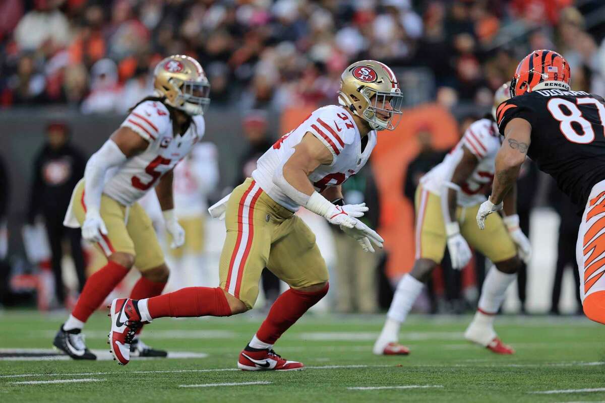 San Francisco 49ers' Nick Bosa (97) in action during the first half of an NFL football game against the Cincinnati Bengals, Sunday, Dec. 12, 2021, in Cincinnati. (AP Photo/Aaron Doster)