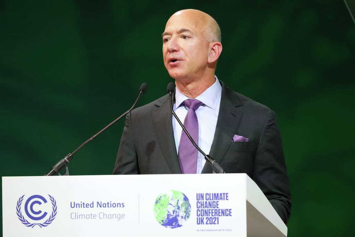 FILE — Amazon CEO Jeff Bezos speaks during an Action on Forests and Land Use event on day three of COP26 on Nov. 02, 2021 in Glasgow, United Kingdom. (Photo by Steve Reigate - Pool/Getty Images)