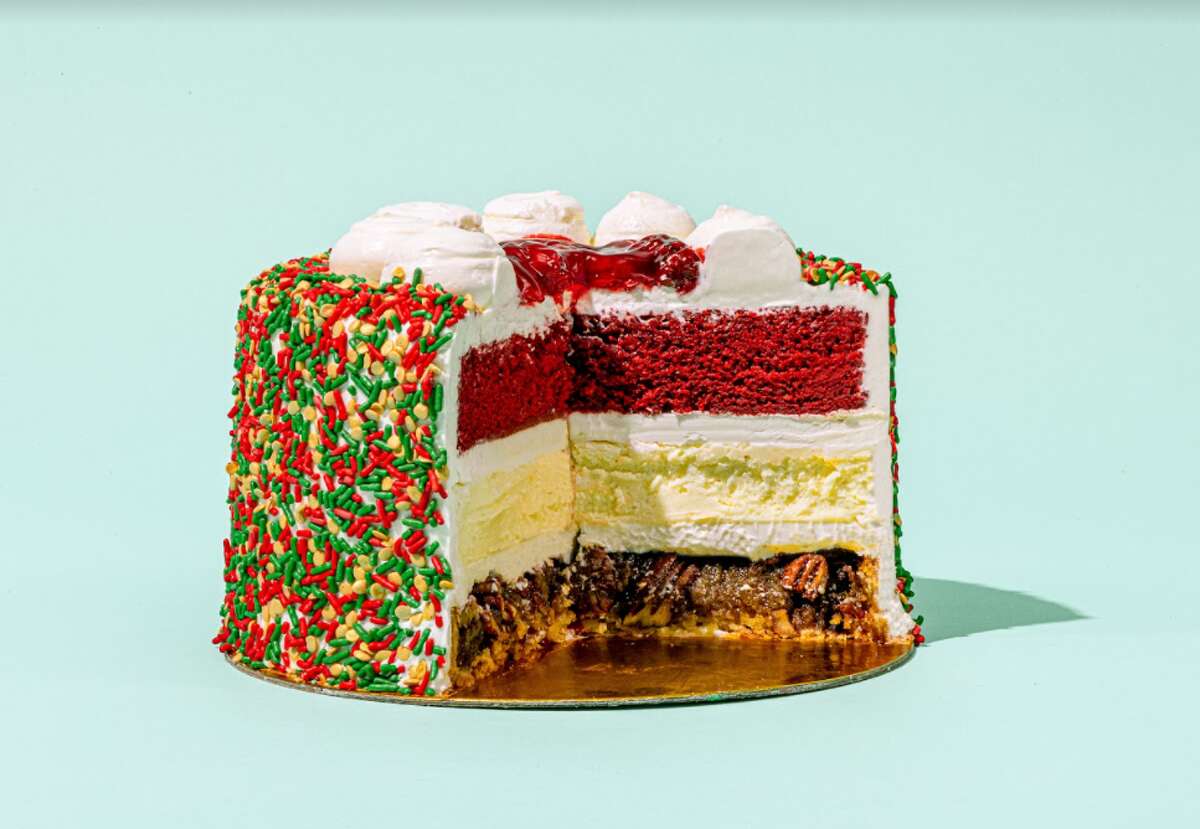 The Christmas Piecaken, with pecan pie, eggnog cheesecake, red velvet cake, cherry pie topping and amaretto buttercream, is available at Foxwoods' Sprinkletown.