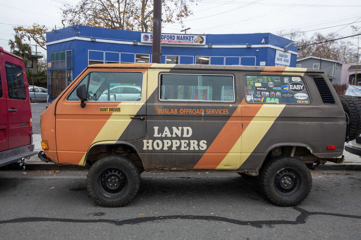 The "Land Hopper" is one of the VW buses owned by Buslab, an auto mechanic shop that specializes in repairing the vehicles, in Berkeley on Dec. 8, 2021.
