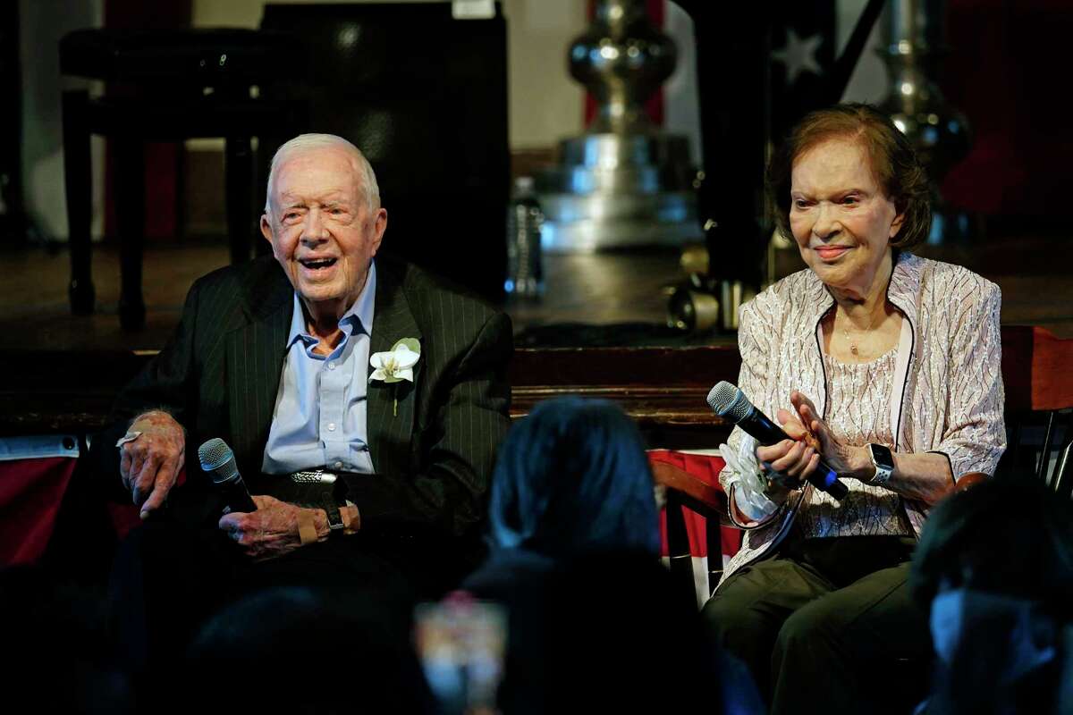 Don’t blame former President Jimmy Carter, who has been wildly successful after leaving the Oval Office, and whose one term was much more dynamic than people give credit. Here, he sits with former first lady Rosalynn Carter.