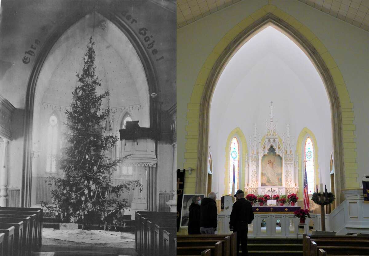 A side-by-side look at the alter at St. Paul's Evangelical Lutheran Church in Manistee. On the left is a photograph of the church taken sometime prior to 1926. The right shows the alter decorated for Christmas in 2021. 