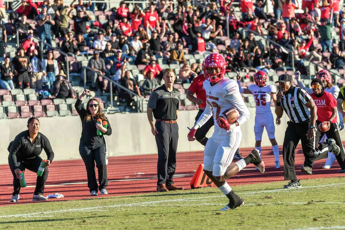 CCSF wide receiver Traivion Drummer cruises into the endzone for a 13-yard touchdown reception from quarterback Jack Newman. The fourth-quarter score put the Rams ahead 14-13 on Riverside, their first lead of the game.