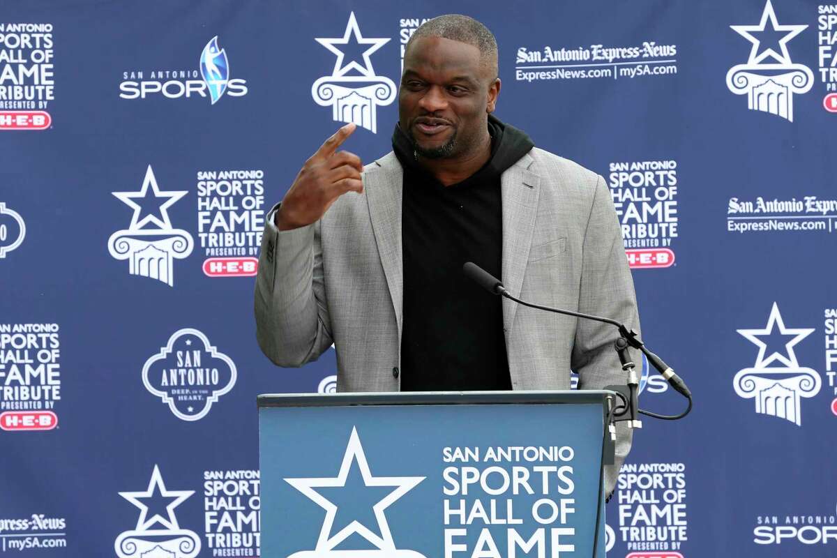 NFL player N.D. Kalu speaks after he is announced as part of the San Antonio Sports Hall of Fame Class of 2022 during a press conference at the Alamodome, Monday, Dec. 13, 2021. Kalu played at Marshall High School.