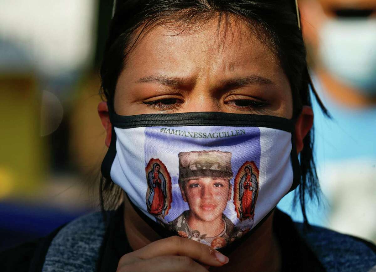 Guadalupe Guillen cries when talking about her sister, Army Pfc. Vanessa Guillen, before a march from Guadalupe Plaza to George Thomas Mickey Leland Federal Building, honoring what would have been her sister's 21st birthday, on Saturday, Oct. 3, 2020, in Houston.