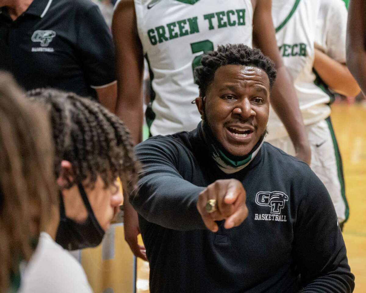 Green Tech Charter School head coach DJ Jones talks to his team during a game against Shenendehowa at Green Tech in Albany, NY, on Monday, Dec. 13, 2021. (Jim Franco/Special to the Times Union)
