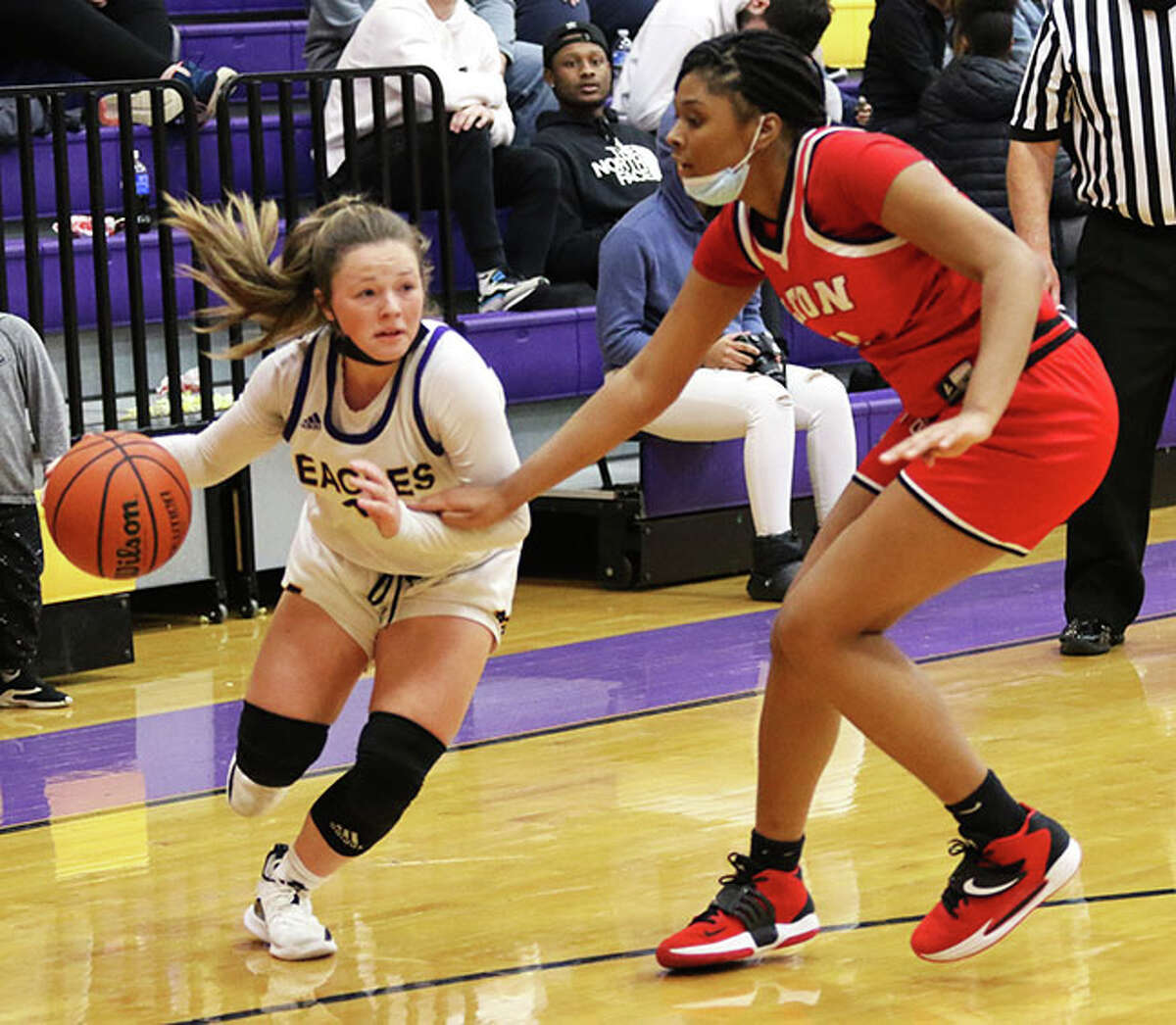 CM's Aubree Wallace, left, scored 11 points and added seven steals and four rebounds in the Eagles' Mississippi Valley Conference win over Waterloo Thursday.