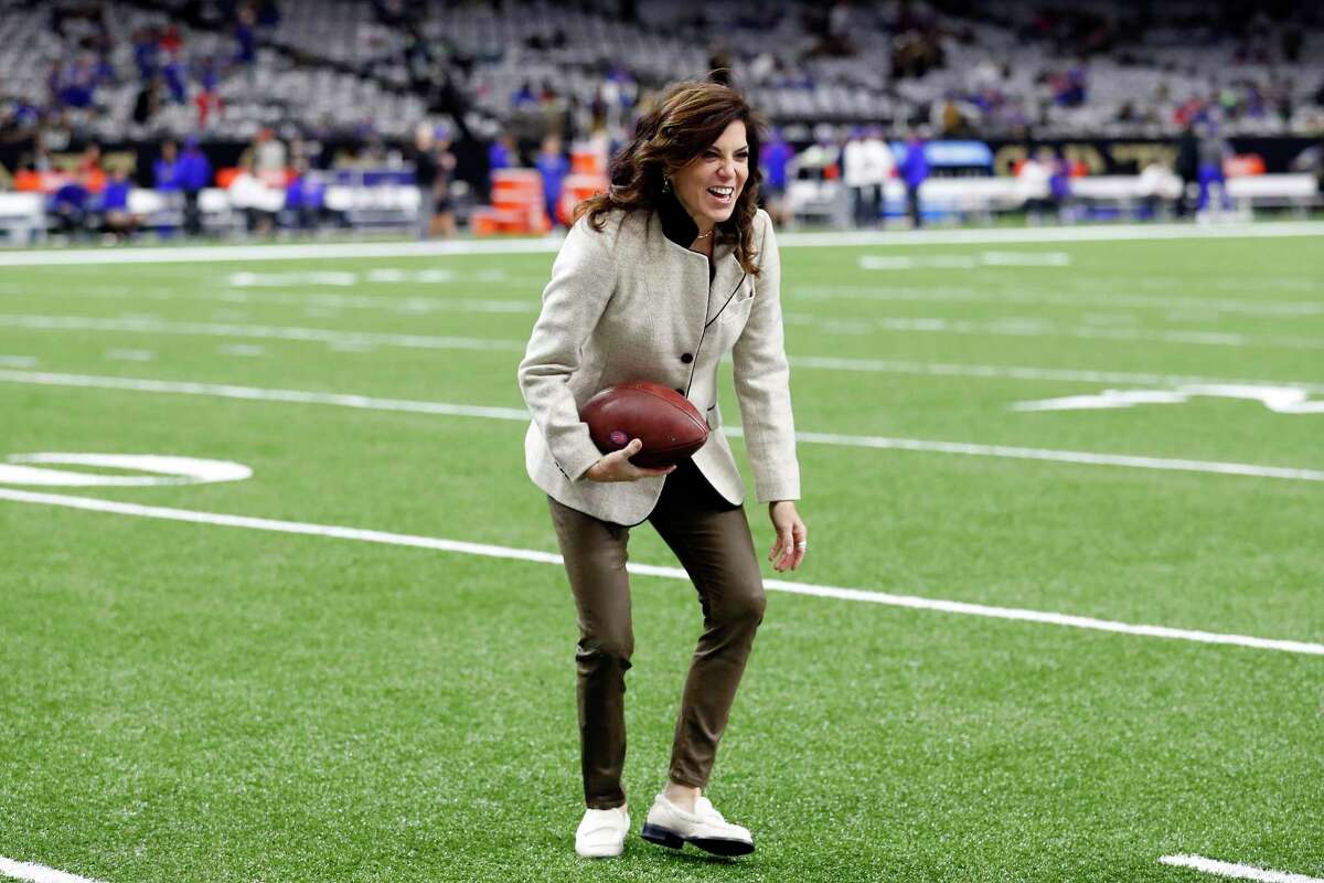NBC Sports reporter Michele Tafoya is seen before an NFL football game between the New Orleans Saints and the Buffalo Bills, Thursday, Nov. 25, 2021, in New Orleans. (AP Photo/Tyler Kaufman)