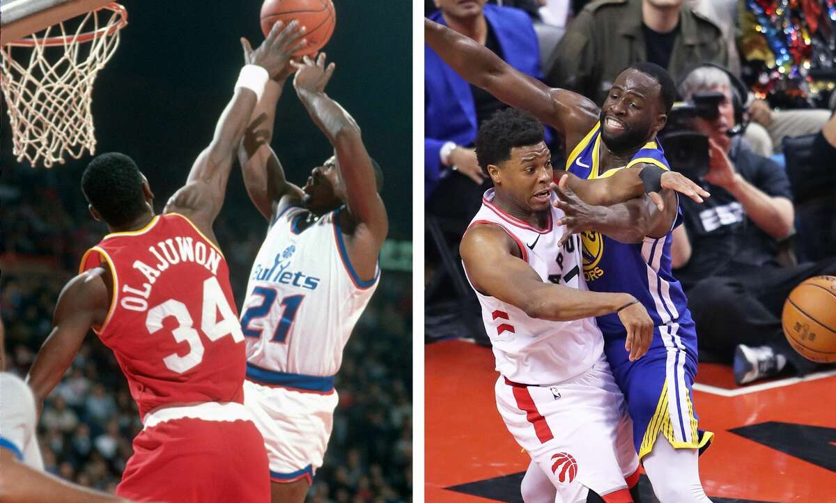 Draymond Green (right) often says he's the best defensive player in NBA history, but he should probably show more respect to Rockets legend Hakeem Olajuwon.