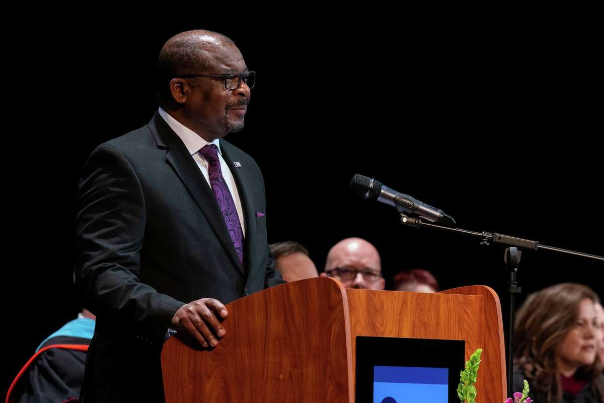 Booker T. Washington Principal John Williams speaks to his 2021 winter graduates at the December commencement. Conroe Independent School District graduated 87 students at its winter 2021 commencement on Monday, Dec. 13.