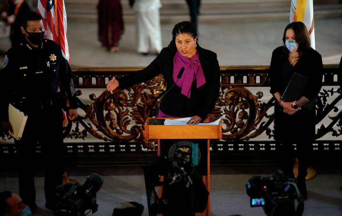 Mayor London Breed addresses the media during a news conference on plans to address crime in the Tenderloin neighborhood, at City Hall in San Francisco, Calif. on Tues. Dec. 14, 2021.