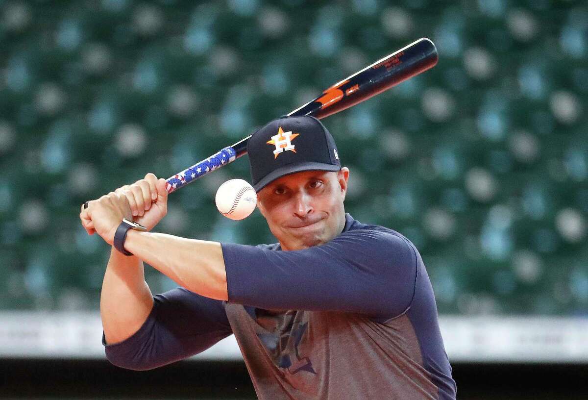 Houston Astros bench coach Joe Espada during batting practice before the start of an MLB baseball game at Minute Maid Park, Saturday, August 7, 2021, in Houston.