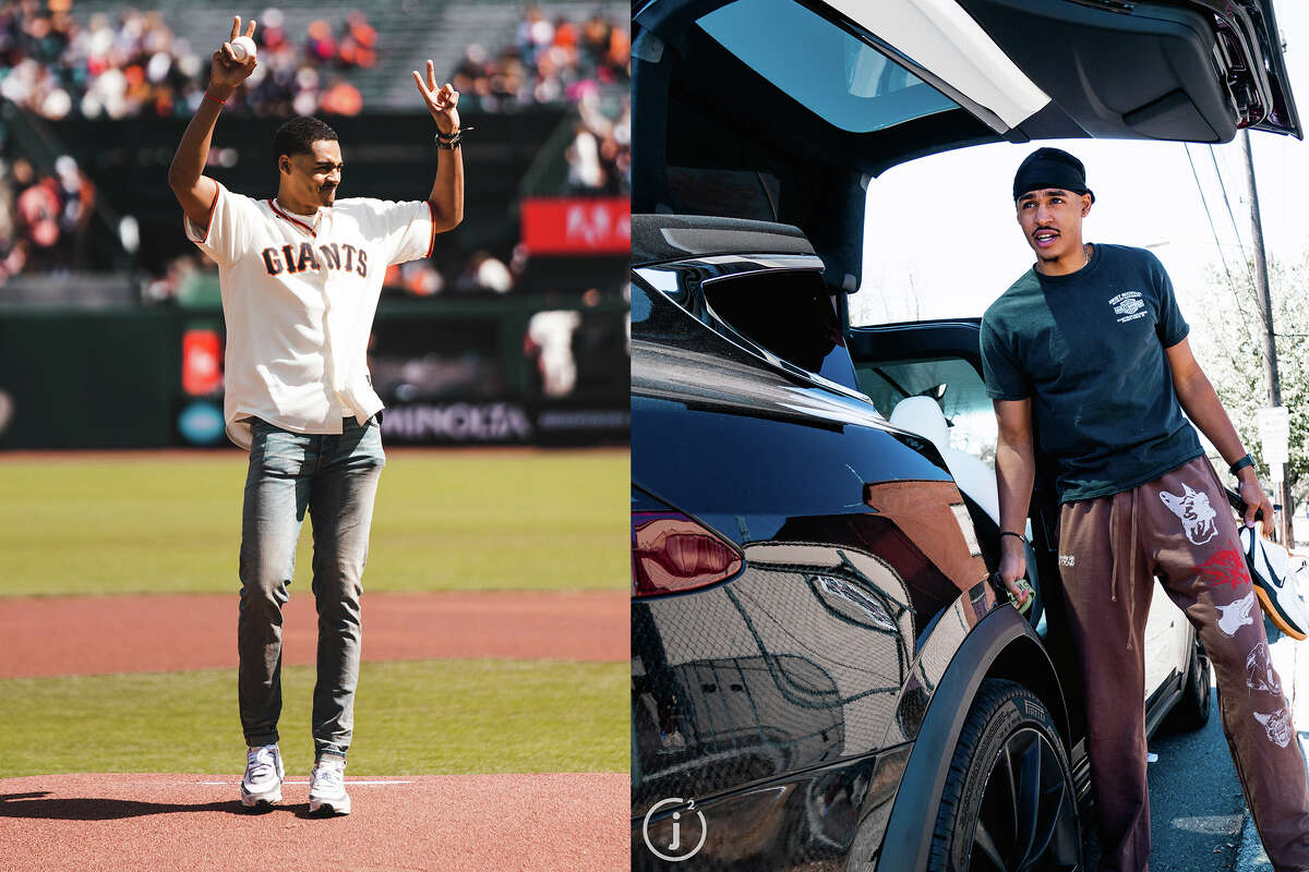A pair of off-court moments captured by Jordan Jimenez, including Jordan Poole throwing out the ceremonial pitch, left, at a Giants game in September, as well as Poole filling up on gas.