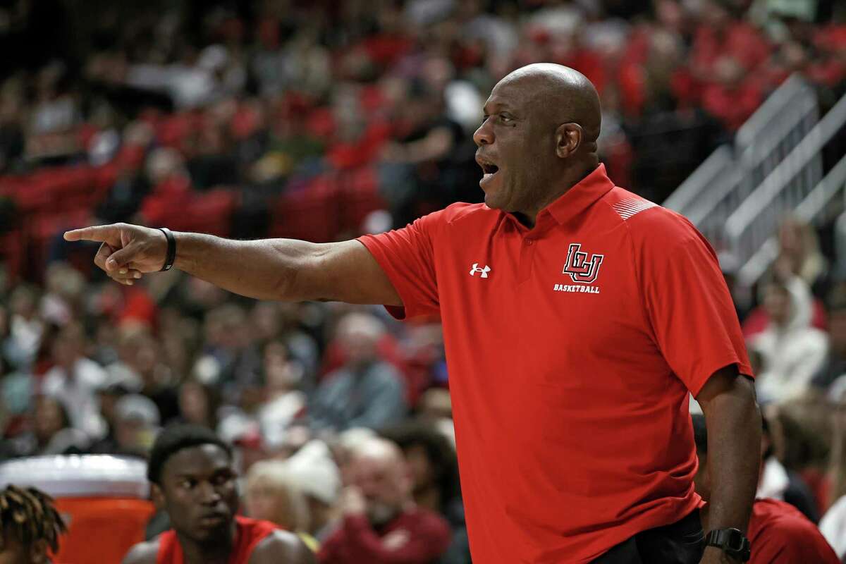 Lamar coach Alvin Brooks yells out to his players during the first half of an NCAA college basketball game against Texas Tech on Saturday, Nov. 27, 2021, in Lubbock, Texas. (Brad Tollefson/Lubbock Avalanche-Journal via AP)