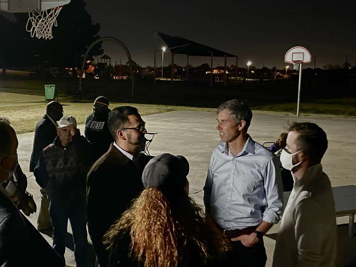Midland County Commissioner Luis Sanchez, left, gubernatorial candidate Beto O’Rourke, and Andrews County Attorney Sean Galloway, right, pose for a picture Tuesday, Dec. 14, 2021.