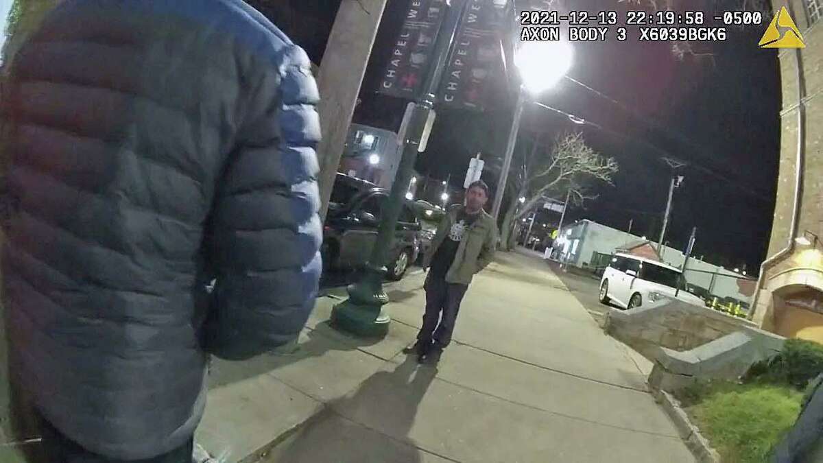 Unidad Latina en Acción co-founder John Lugo, captured on a New Haven police officer’s body camera footage arriving at the scene as the officer investigated a reported crash Dec. 13, 2021.