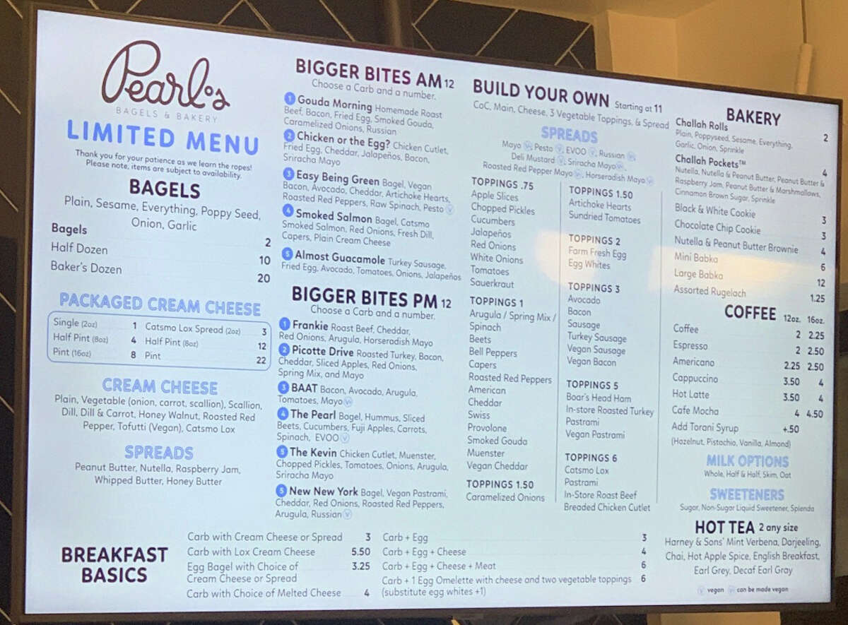 The menu at Pearl's Bagels & Bakery in Albany.
