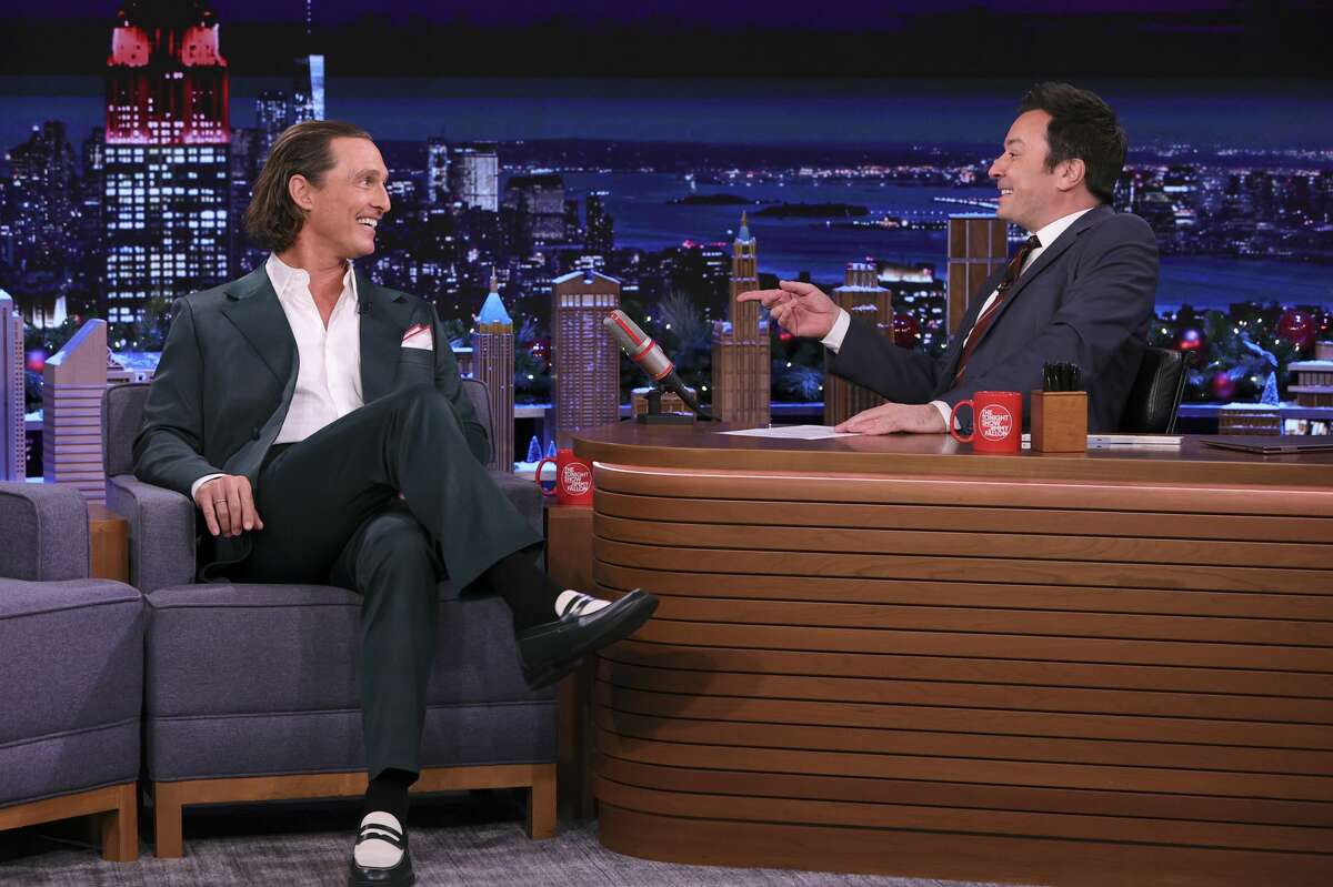THE TONIGHT SHOW STARRING JIMMY FALLON -- Episode 1571 -- Pictured: (l-r) Actor Matthew McConaughey during an interview with host Jimmy Fallon on Tuesday, December 14, 2021 -- (Photo by: Theo Wargo/NBC/NBCU Photo Bank via Getty Images)