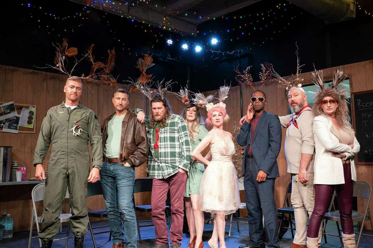 From left, Jeff Featherston as Dasher, Jimmy Vollman as Comet, Travis Ammons as Donner, Katrina Ellsworth as Vixen, Holly Vogt Wilkison as Dancer, Todd Thigpen as Hollywood, Curtis Barber as Cupid, and Malinda L. Beckham as Blitzen in Dirt Dog's "The Eight: Reindeer Monologues" on stage through Saturday.