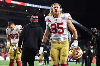 San Francisco 49ers tight end George Kittle (85) makes a catch during an  NFL football game against the Seattle Seahawks, Sunday, Oct. 3, 2021 in  Santa Clara, Calif. (AP Photo/Lachlan Cunningham Stock