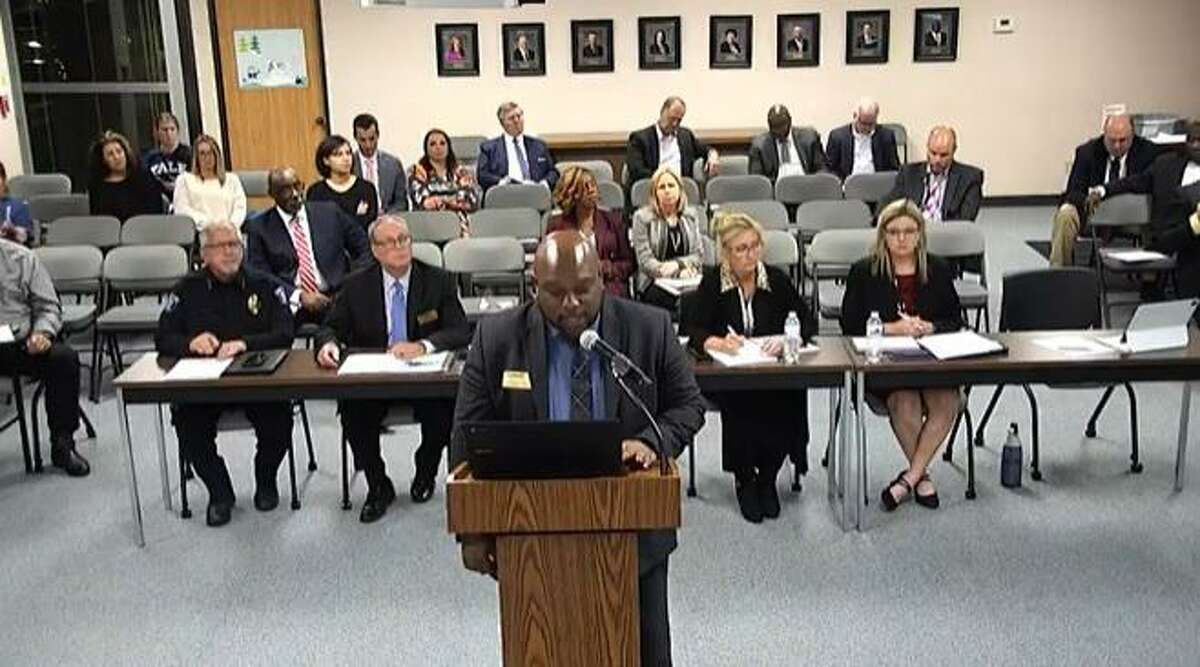 In this file photo from a Lamar Consolidated ISD video, Alphonso Bates, chief of student services and interim chief of human resources, addresses the board of trustees on Tuesday, Dec. 14, about returning to a “pre-COVID” campus visitors policy.