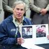 Texas Gov. Greg Abbott displays screen shots of TikTok videos used by organized crime to recruit members gathered by law enforcement as he talks about Operation Lone Star during a press conference Texas Department of Public Safety Weslaco Regional Office on Thursday, April 1, 2021, in Weslaco, Texas.