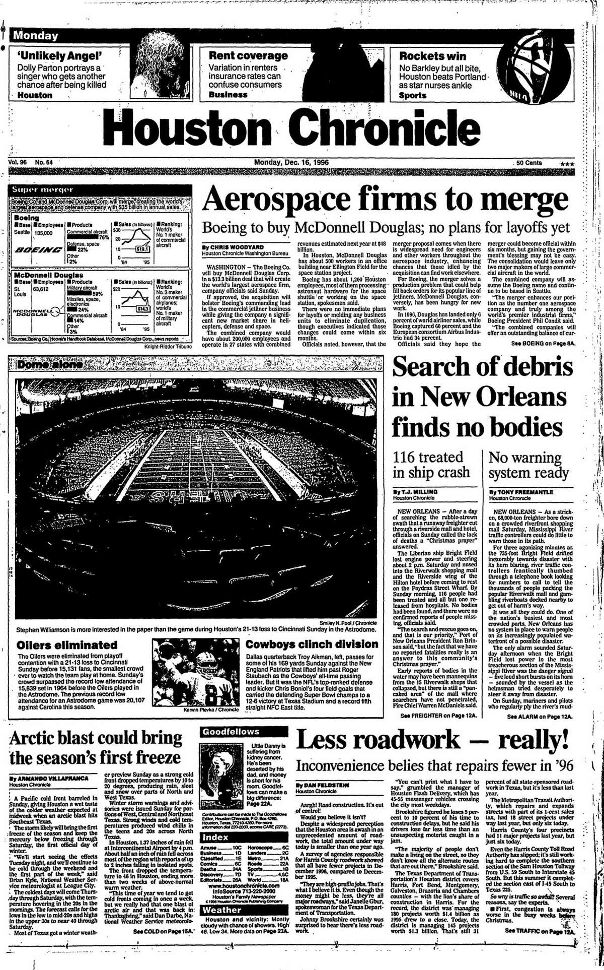 Houston Chronicle front page for Dec. 16, 1996.