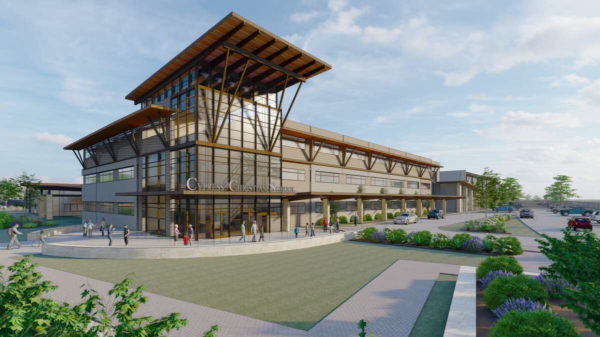 A conceptual artistic rendering shows the Cypress Christian School campus in Bridgeland.