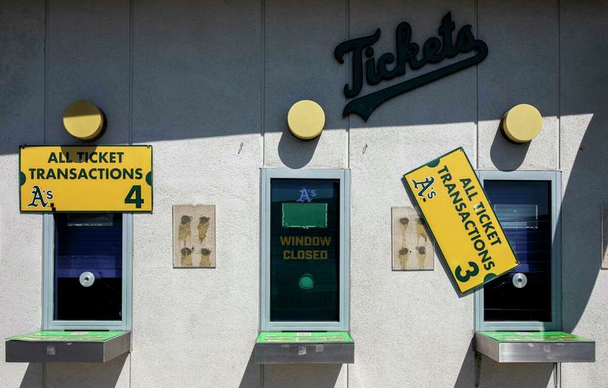 The closed ticket booth during an MLB game day between the Oakland Athletics and Cleveland Indians at RingCentral Coliseum on Friday, July 16, 2021, in Oakland, Calif.