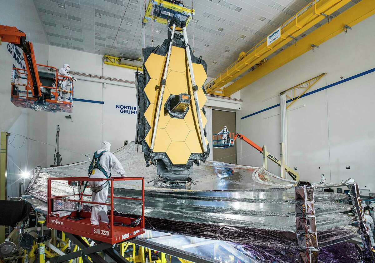 Shown in this picture, the James Webb Space Telescope’s sunshield was deployed and tensioned by testing teams at Northrop Grumman in Redondo Beach, California, where final deployment tests were completed. Webb’s sunshield is designed to protect the telescope from light and heat emitted from the sun, Earth, and moon, and the observatory itself.