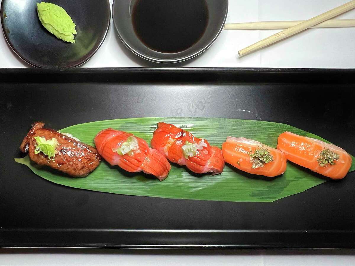 Nigiri sushi options include, from left, Wagyu beef, otoro tuna (two pieces) and ora king salmon (two pieces) at Up Scale, a new Southtown restaurant from the owners of Little Em's Oyster Bar.