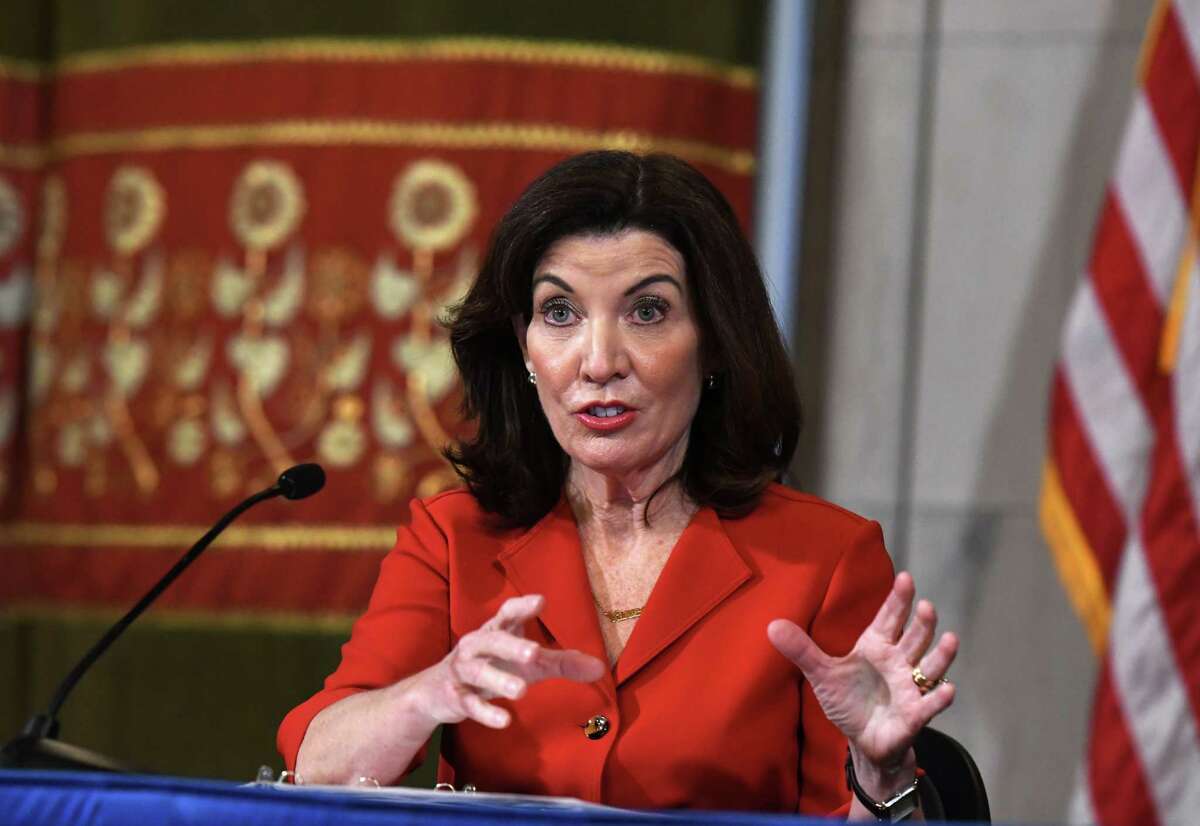 Gov. Kathy Hochul holds coronavirus news briefing where she discussed the potential dangers faced by spread of the new omicron COVID-19 variant on Thursday, Dec. 16, 2021, in the Red Room at the Capitol in Albany, N.Y.