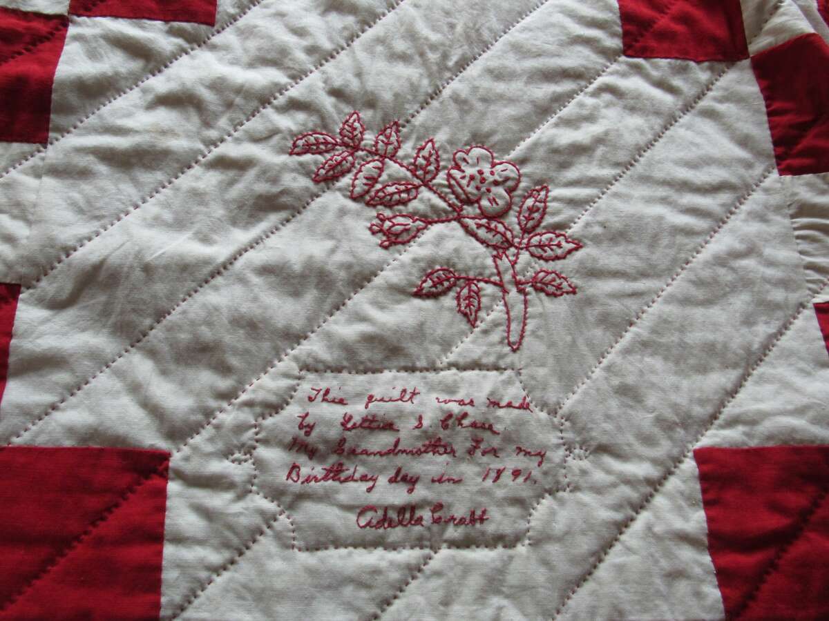 Niky Hoyle of Midland used to bring her grandmother's quilt – which was made by her great-great-grandmother – to open houses at the historic Bradley Home. The inscription reads "This quilt was made by Lettice S. Chase my grandmother for my birthday day in 1891. Adella Graff”