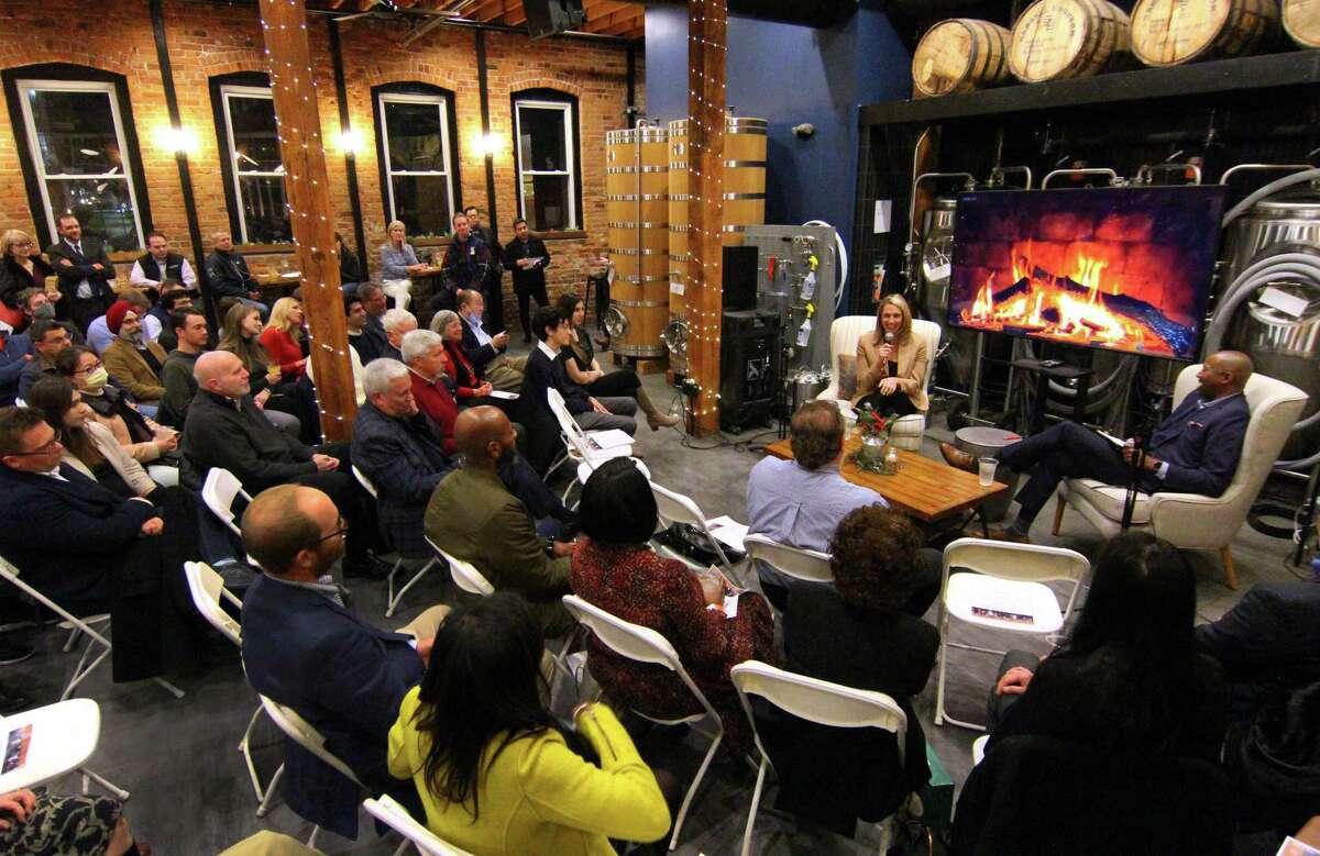 Stamford Mayor Caroline Simmons holds a fireside chat event with area residents at Third Place by Half Full Brewery in Stamford, Conn., in December.