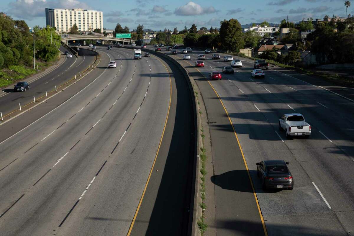 A nearly empty I-580 is seen near Harrison Street in Oakland, Calif. Monday, April 26, 2021. CalTrans data for the Bay Area's nine counties shows that while traffic volume has definitely rebounded to near pre-pandemic levels, actual congestion on freeways still remains lower than what it was before the pandemic.