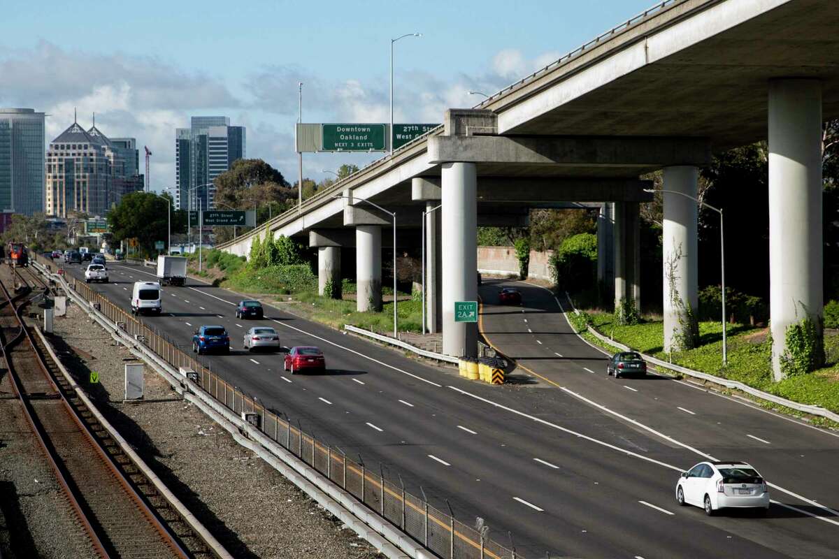 Cars move through the MacArthur Maze on I-980 in Oakland, Calif. Monday, April 26, 2021. CalTrans data for the Bay Area's nine counties shows that while traffic volume has definitely rebounded to near pre-pandemic levels, actual congestion on freeways still remains lower than what it was before the pandemic.
