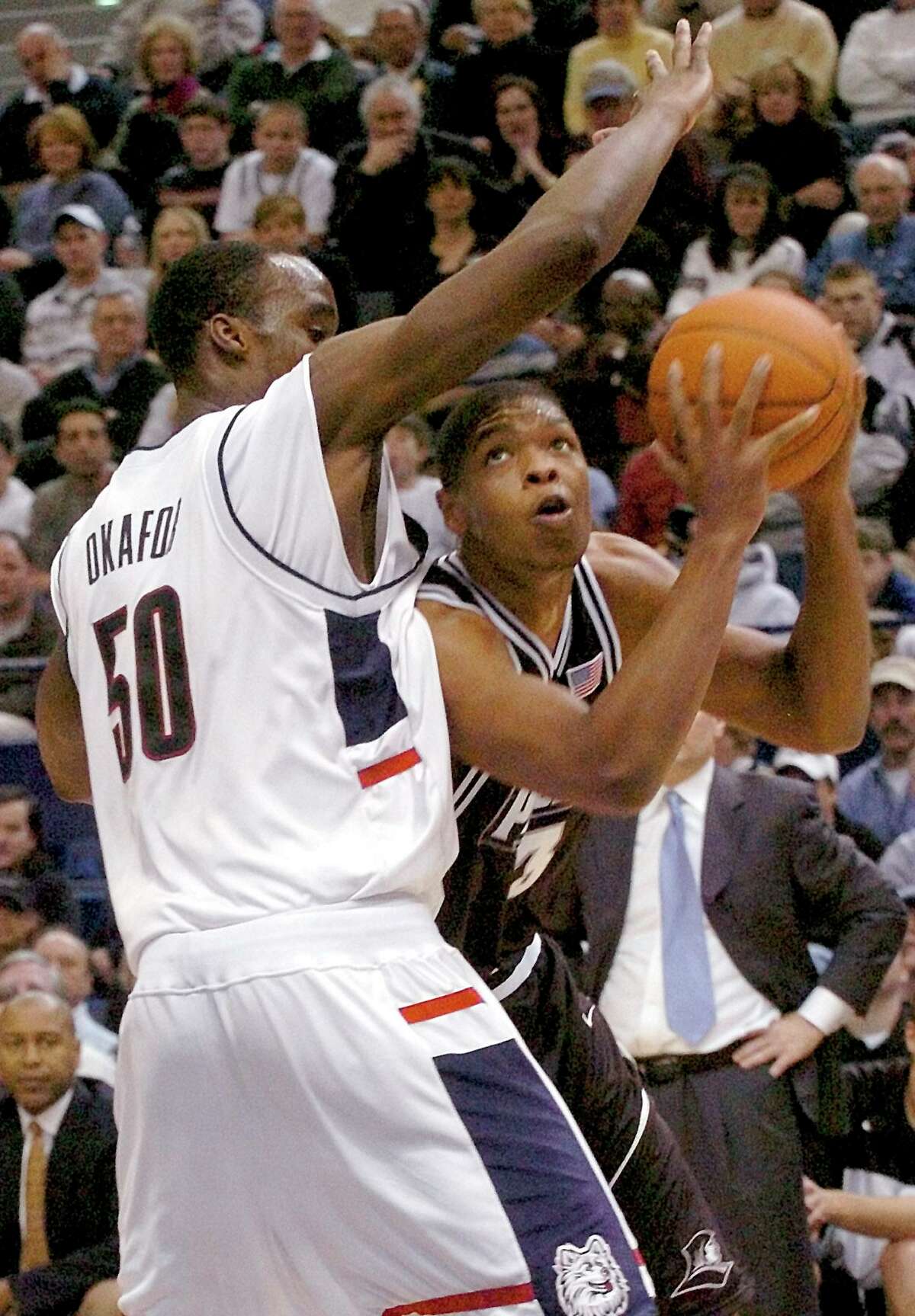 Providence’s Ryan Gomes, right, dominated Emeka Okafor and the rest of UConn for 26 points and 12 rebounds on Jan. 24, 2004, in an effort that led to one of Jim Calhoun’s most famous postgame rants.