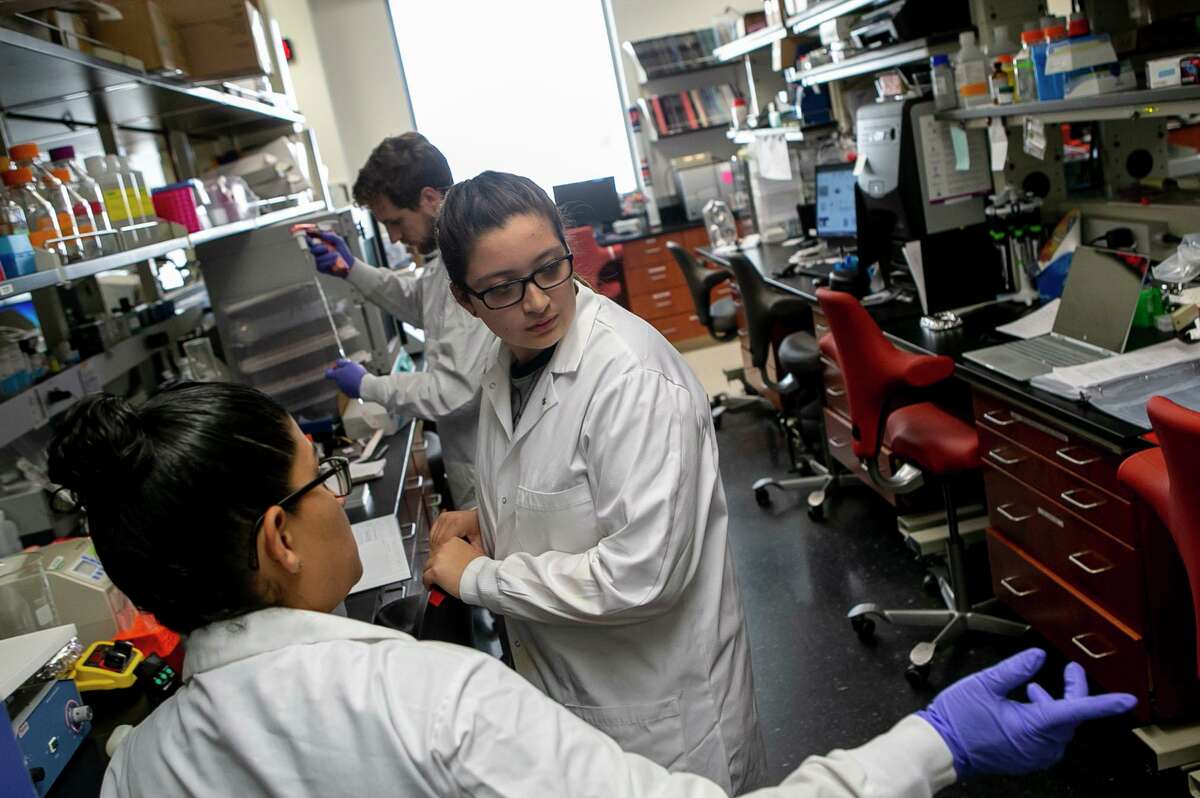 Mistica Lozano Perez, 18, listens to Ph.D. candidate Francisca Acosta, 26, while shadowing her in a lab inside the Applied Engineering and Technology Building on UTSA's Main Campus in 2019. The university announced Thursday it had reached ‘Tier One’ status as a research institution, a yearslong goal.